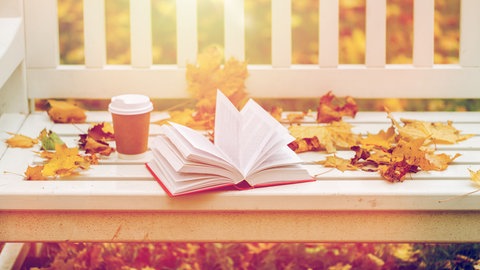 Parkbank mit Herbstlaub, Buch und Kaffeebecher