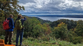 Wandern am Bodensee: Zwei Wanderer stehen an einem Aussichtspunkt und blicken über den Bodensee.