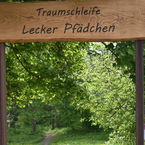 Ein Tor mit zwei schmalen Pfosten rechts und links und einem Schild mit der Aufschrift "Traumschleife Lecker Pfädchen" vor einem Weg durch grüne Wiese und zwischen Bäumen