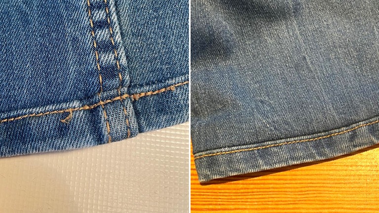 Anschließend Hosenbein wieder auf rechts wenden und Saum bügeln. Dabei die Nahtzugabe nach oben bügeln. Beträgt die Nahtzugabe mehr als 1,5cm, kann diese zurückgeschnitten und mit der Overlock oder mit einem Zickzack-Stich versäubert werden.