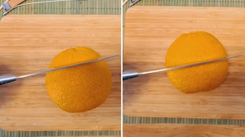 Die Orange halbieren. Vorab überlegen, ob es eine höhere Kerze mit einem kleinen Deckel oder zwei gleichgroße Kerzen aus den beiden Orangenhälften sein sollen.  