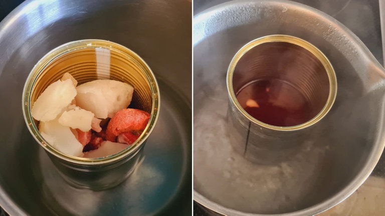 Wachsreste in eine Dose oder Einmachglas geben. In einen Topf stellen und bei mittlerer Hitze in einem Wasserbad erwärmen, bis das Wachs vollständig geschmolzen ist.