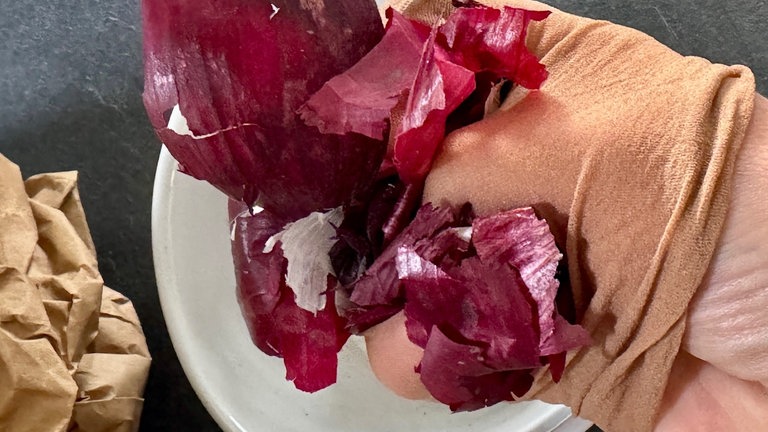 Klein gebröselte Zwiebel- und Knoblauchschalen hineingeben.
