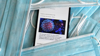 Französischer Info-Medienartikel über die neue Corona-Variante namens Nimbus, angezeigt auf einem Handybildschirm mit Schutzmasken im Hintergrund.