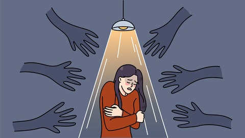 Die ständige soziale Angst, die mit Einsamkeit einhergeht, könnte mit einem höheren Energieverbrauch und einem veränderten Essverhalten zusammenhängen | Illustration: Frau wird von zahlreichen Händen verfolgt