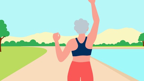 Grafik einer Frau mit grauem Haar, die joggt; tags: Alterung Omega-3-Fettsäuren verlangsamen