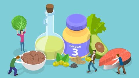 Grafik von Lebensmitteln, die viel Omega-3 enthalten: Avocado, Nüsse, Salatköpfe, Öl; tags: Alterung Omega-3-Fettsäuren verlangsamen