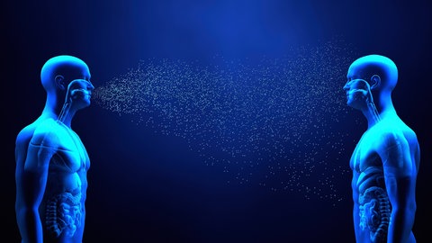 Illustration der Reichweite von ausgeatmeten Aerosolen zwischen zwei Menschen bei einer Krankheitsübertragung durch Tröpfcheninfektion.