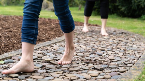 Nackte Füße auf Steinen von einem Barfußpfad 