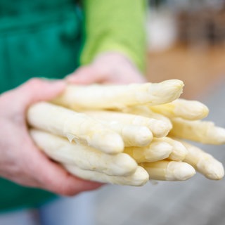 Zwei Hände halten weißen Spargel in die Kamera. Wie sind Qualität und Preise in der Saison 2023?