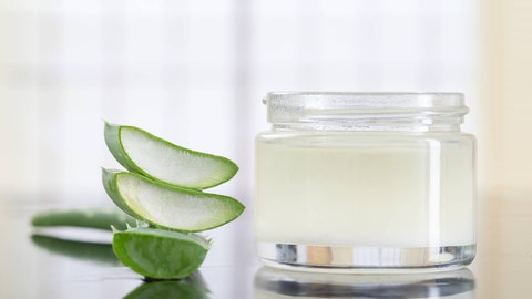 Aloe Vera: Zimmer- und Heilpflanze richtig pflegen: Die Blätter einer Aloe Vera-Pflanze sind in kleine Stücke aufgeschnitten. Daneben steht ein Glas mit heller Creme.