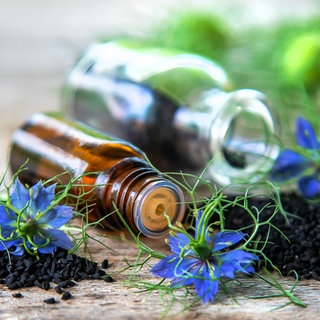 Schwarzkümmelöl in einer Flasche mit Blüte