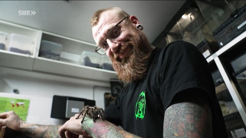 Patrick Meyer mit einer Vogelspinne auf dem Arm