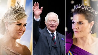 Montage aus Königin Máxima der Niederlande, König Charles III. und Kronprinzessin Victoria