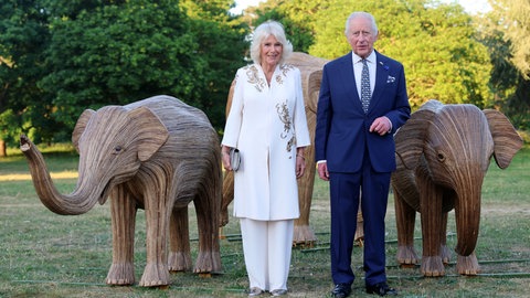 König Charles III. und Königin Camilla, die gemeinsam die Wohltätigkeitsorganisation Elephant Family leiten, nehmen an der Veranstaltung "Wonders of the Wild" in den Kew Gardens teil und posieren vor Holzelefanten.