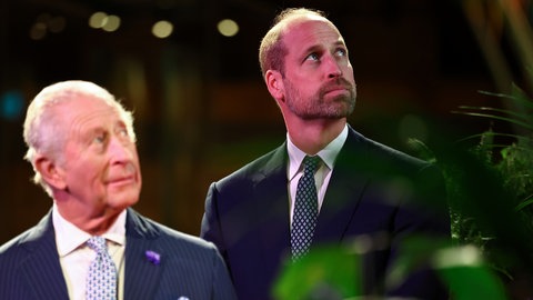 König Charles III. (l) und Prinz William, Prinz von Wales schauen gemeinsam nach oben. Vater und Sohn nahmen an der Veranstaltung "Countdown to Cop30" teil, die gemeinsam vom Naturhistorischen Museum und der britischen Regierung im Londoner Museum ausgerichtet wird.