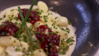Auf dem Bild sieht man einen Teller mit Gnocchi, Blauschimmelsauce und indischem Chutney aus Kirschen. Kirschen eignen sich nicht nur für süße Nachspeisen, sondern auch als Beilage für herzhafte Hauptspeisen. 