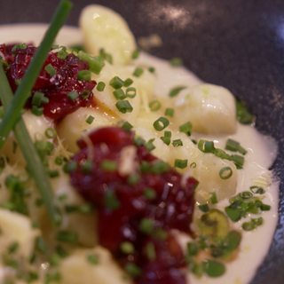 Auf dem Bild sieht man einen Teller mit Gnocchi, Blauschimmelsauce und indischem Chutney aus Kirschen. Kirschen eignen sich nicht nur für süße Nachspeisen, sondern auch als Beilage für herzhafte Hauptspeisen. 