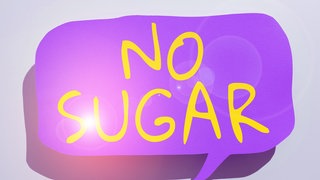 In einer lila Sprechblase steht "No Sugar" - kein Zucker: Fasten mit einem totalen Zuckerverbot nutzt nur kurzzeitig. Wer aber stufenweise auf Süßigkeiten verzichtet und sich aufs Positive konzentriert, hat bessere Erfolge beim Zuckerfasten.