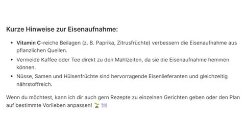 Die KI Ecosia gibt zusätzliche Tipps zum Wochenplan.