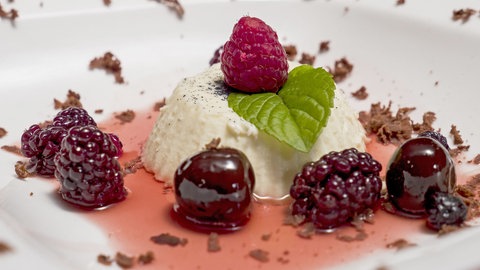 Vanille-Creme mit Rumtopf und Schokoladenflocken auf einem Teller