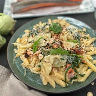 Penne mit Lachsforelle mit Kohlrabi