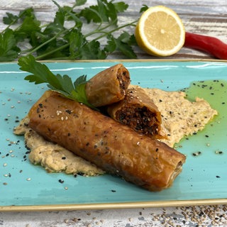 Knusprige Hackfleisch-Röllchen mit Hummus