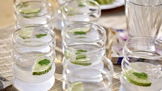 mehrere Gläser mit Limettenwasser und einer Limettenscheibe