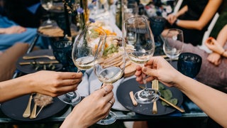 Verschiedene Leute stoßen mit Wein an