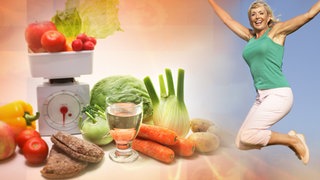 Frau springt in die Luft, daneben Gemüse und Obst