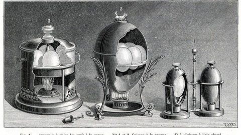 Zeichnungen früher Geräte zum Eierkochen. Die neue Methode der Forschenden, die zeigt wie man das perfekte Ei kocht, ist diesen Gerätschaften wahrscheinlich überlegen.