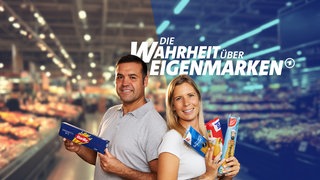 "Die Wahrheit über Eigenmarken" - zu sehen sind ein Mann und eine Frau, die Nudeln verschiedener Hersteller in der Hand halten 