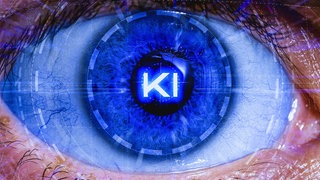 Großaufnahme eines Auges. In der Iris ist das Wort "KI" eingeblendet.