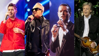 Johannes Strate von Revolverheld, Holly Johnson von Frankie Goes To Hollywood, Falco und Paul McCartney von den Beatles (v. l.) | Mit diesen Sammelboxen erfreut ihr Musikfans zu Weihnachten