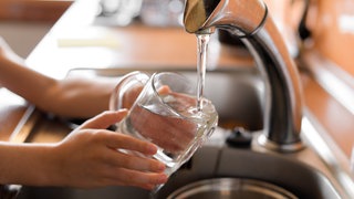 Wasser wird aus einem Hahn in eine Tasse gezapft