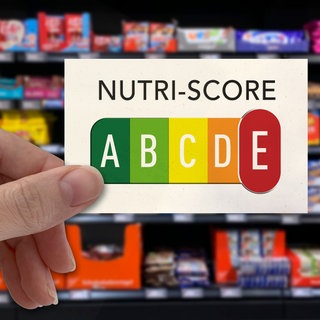Nutri-Score vor einem Süßigkeitenregal im Supermarkt