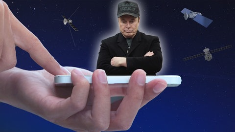 Elon Musk taucht in der Grafik aus einem Handy-Bildschirm auf umgeben von Satelliten. Musk hat ein Satelliten-Netzwerk namens Starlink Verbindet sich das iOS-Software-Update von Apple automatisch etwa über das iPhone damit? Montage von Marco Britzl