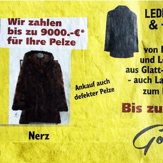 Anzeige für Ankauf von Pelzmänteln und Lederjacken. Im Kleingedruckten: "In Verbindung mit Gold"