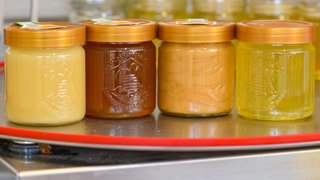 Verschiedene Sorten Honig stehen in Gäsern auf einer Abfüllanlage eines Berufsimkers.
