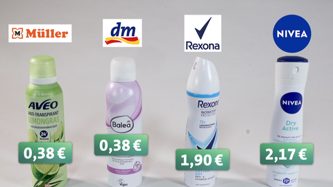 Fünf Deoflaschen und ihre Preise im Vergleich: die Müller-Eigenmarke Aveo für 0,38 Euro, die dm-Eigenmarke Balea für 0,38 Euro, Rexona für 1,90 Euro und Nivea für 2,17 Euro.