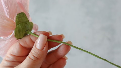 Nochmals ein Stück grünes Krepppapier ausformen und 2 Knospenblätter ausschneiden. 
