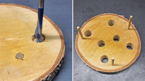 Tischdeko mit Baumscheibe und Blumen