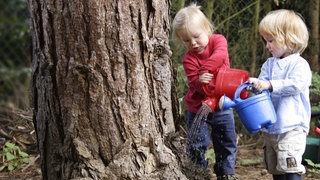 Trockenheit: Zwei Kinder gießen mit kleinen Gießkannen einen Baum