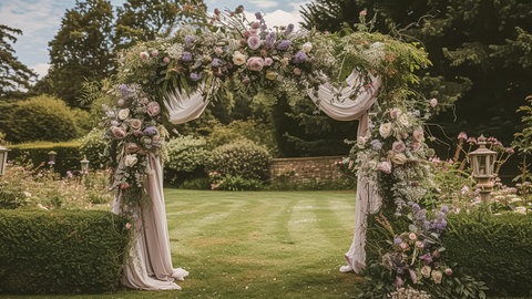 Ein Rosenbogen dekoriert für eine Hochzeit.