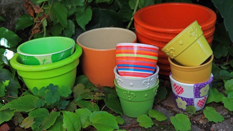 Farbige Blumentöpfe ineinander gestapelt.