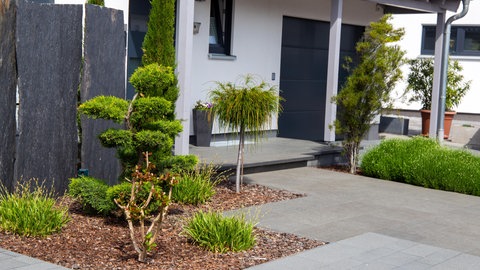 Statt Steingarten: Rindenmulch zum Mulchen im Garten verwenden.
