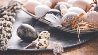 Deko-Ideen für Ostern: Ein Teller mit Ostereiern und Federn