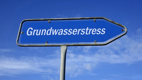 Fotomontage: Auf einem blauen Wegweiser befindet sich der Schriftzug Grundwasserstress vor einem blauen Himmel.