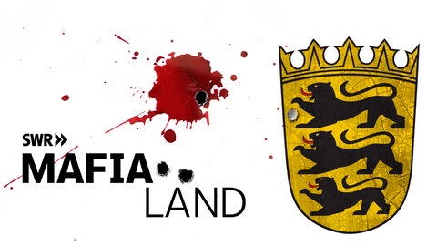 Mafia Land - Die unglaubliche Geschichte des schwäbischen Pizzawirts Mario L. - ein aktueller True Crime Podcast aus Baden-Württemberg. Ermittler sind überzeugt: Mario L. war so etwas wie der "auswärtige Arm" eines Ndrangheta-Clans und gehörte damit zur größten kriminellen Organisation der Welt.  (Foto: Das Wappen Baden-Württembergs mit roten Blutspritzern und dem Schriftzug MAFIA LAND)
