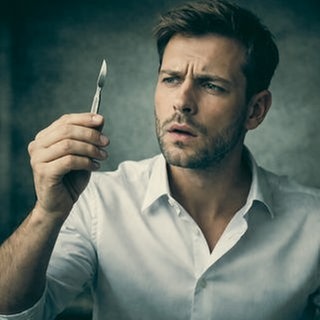Person in Hemd hält ein kleines Skalpell in der Hand